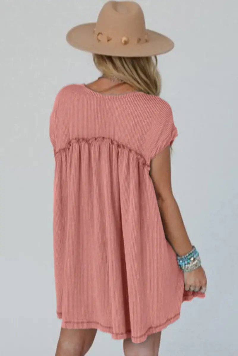 Dusty Pink Corded Knit Textured Patched Pocket Frilled Swing Mini Dress - Love Salve
